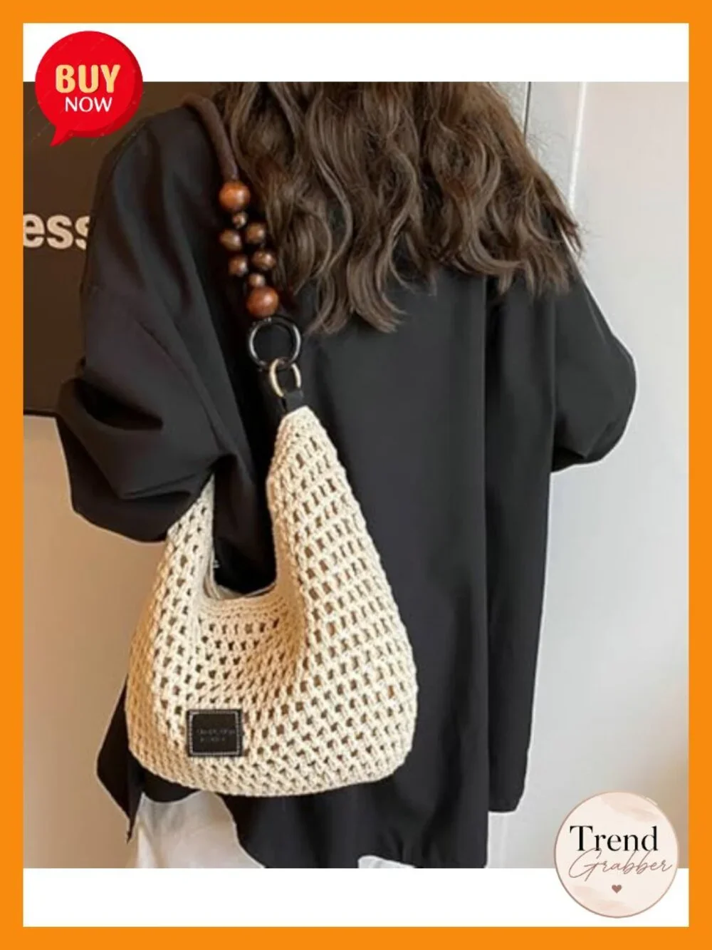 Crochet Summer Beach Bag Woven Cotton Mesh Hobo Handbag Bead Shoulder Bag
